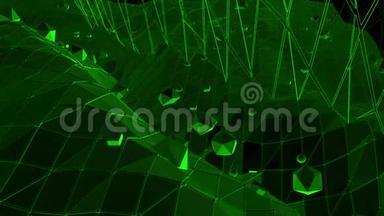 深绿色低聚波动表面作为奇妙的浮雕。 深绿色多边形几何振动环境或